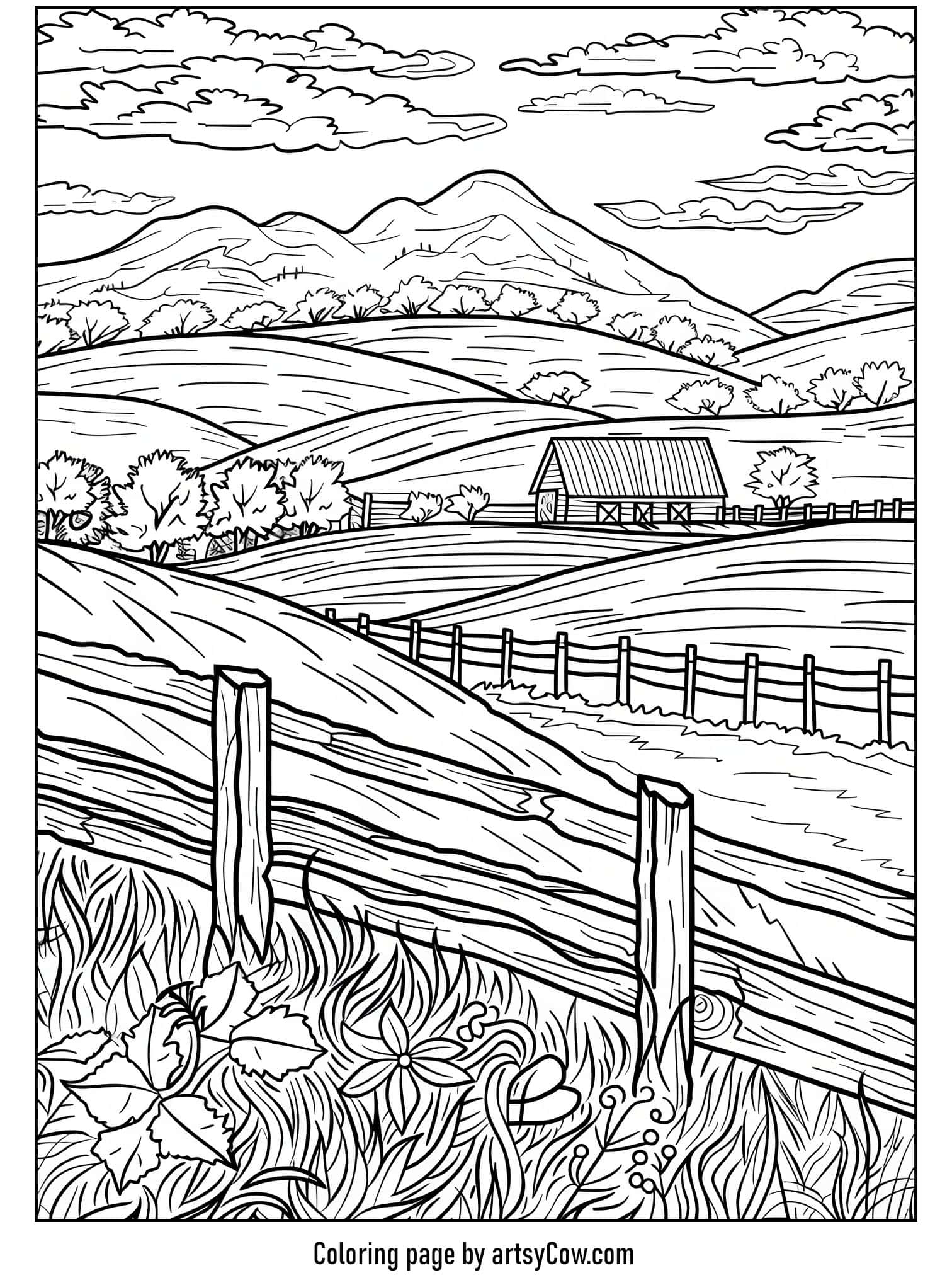 A detailed coloring page featuring a scenic countryside road with a quaint cabin